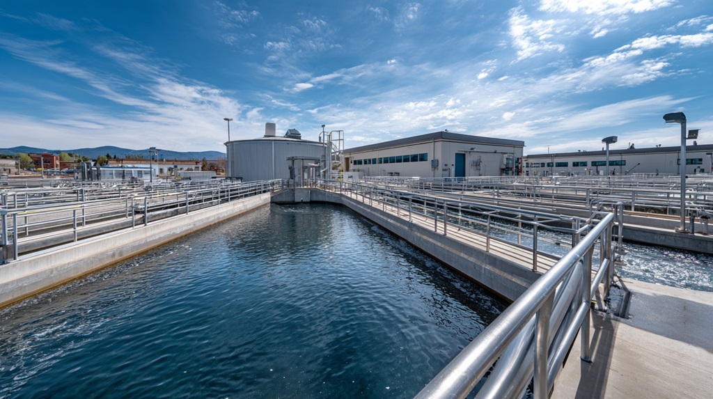 Municipal wastewater treatment facility with open aeration basins and metal walkways, illustrating centralized public sewer infrastructure in the United States