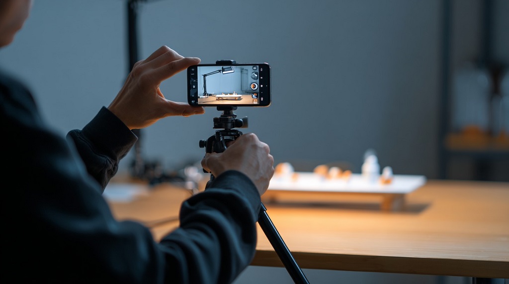 Person filming product content with a smartphone on a tripod in a studio setup