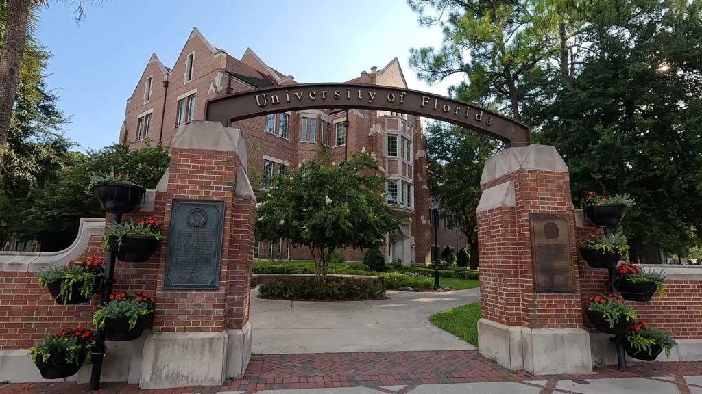 University of Florida brick gateway and campus building