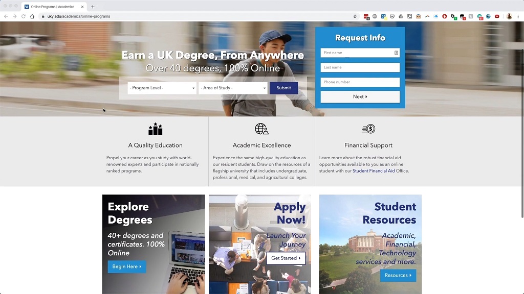 Online degree program webpage with form and study options