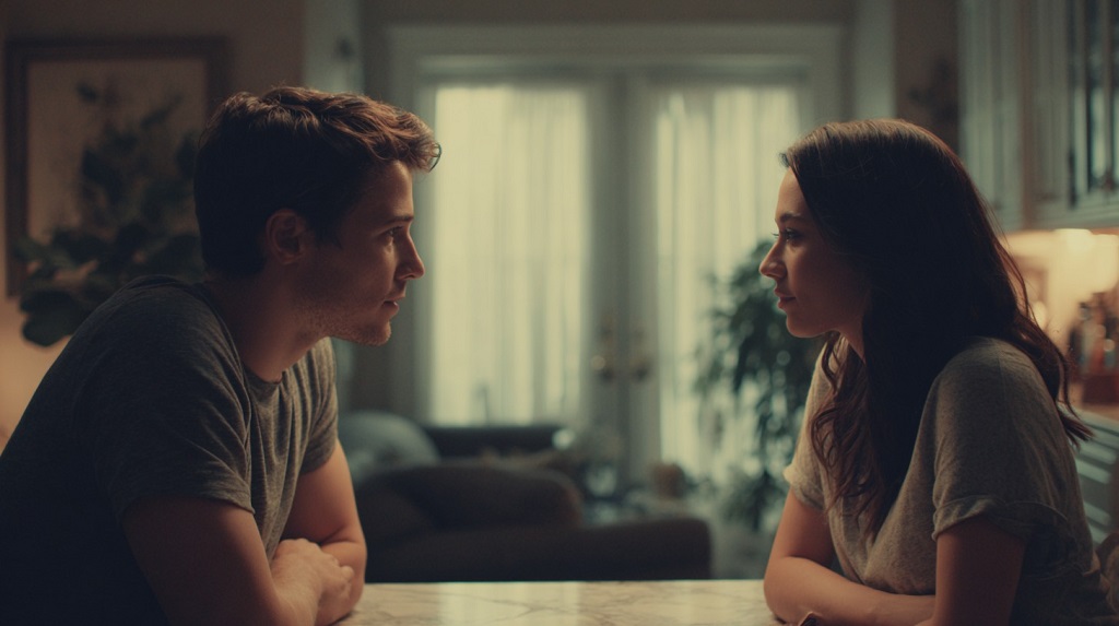 Couple sitting across from each other at a kitchen table, calmly talking and reconnecting