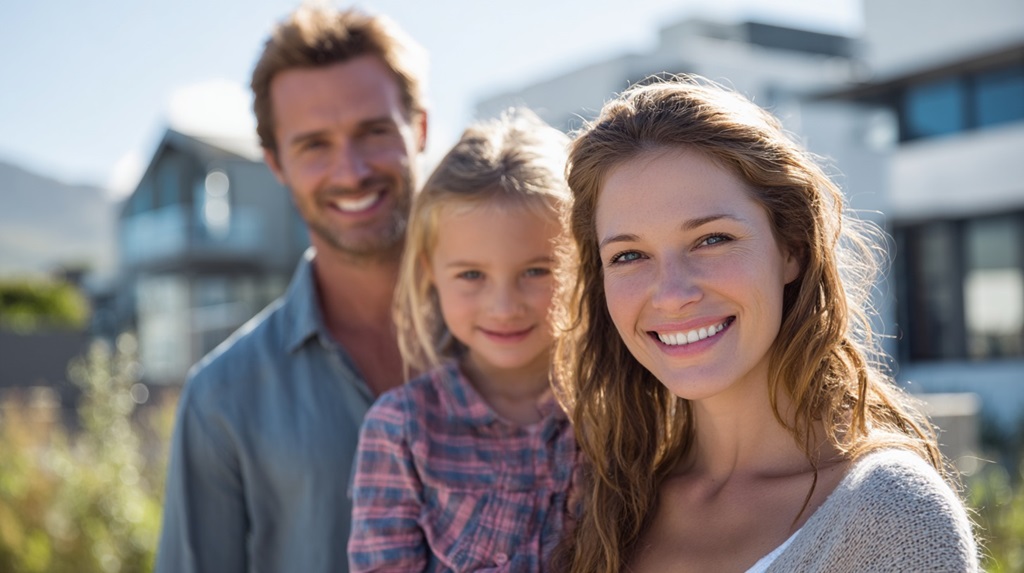 Smiling young family standing outdoors in a suburban neighborhood