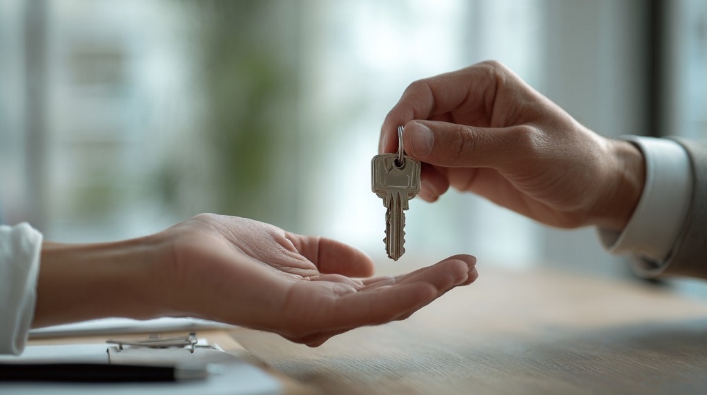 Real estate agent handing house keys to a buyer