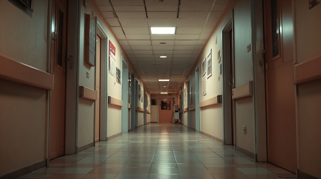 Empty hospital corridor with closed patient room doors