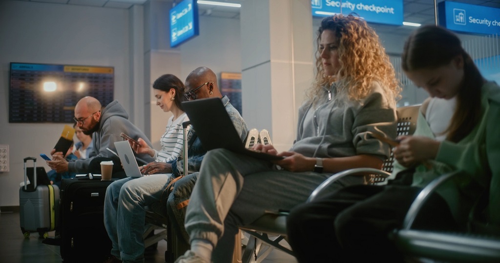 Passengers seated in an airport waiting area using laptops and mobile phones, with security checkpoint signage visible in the background