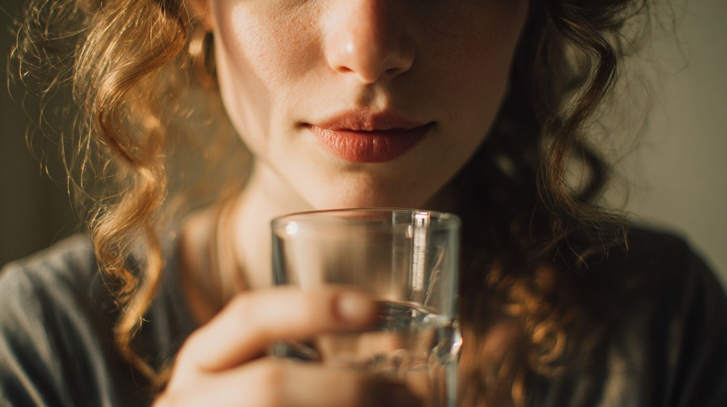 Close-up of a woman holding a glass near her mouth, softly lit with a shallow depth of field