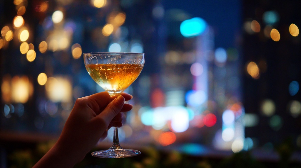 A hand holding a cocktail glass against a blurred backdrop of city lights at night