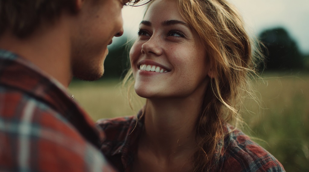 Close-up of a smiling young woman looking at her partner in an open rural setting