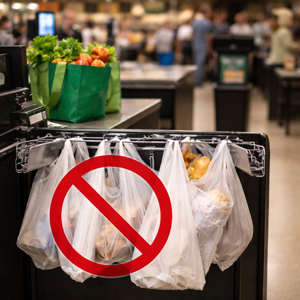 Image of plastic bags in store, with a red mark over it reffering to recent ban on using them in stores in California.
