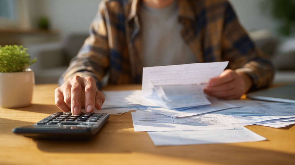 An individual reviewing medical expenses and insurance paperwork to manage healthcare costs and deductibles