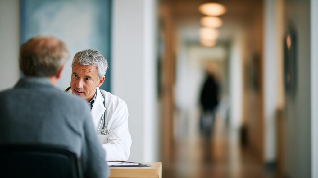 A physician reviewing care options with a patient, reflecting a balance between coordinated care and provider flexibility