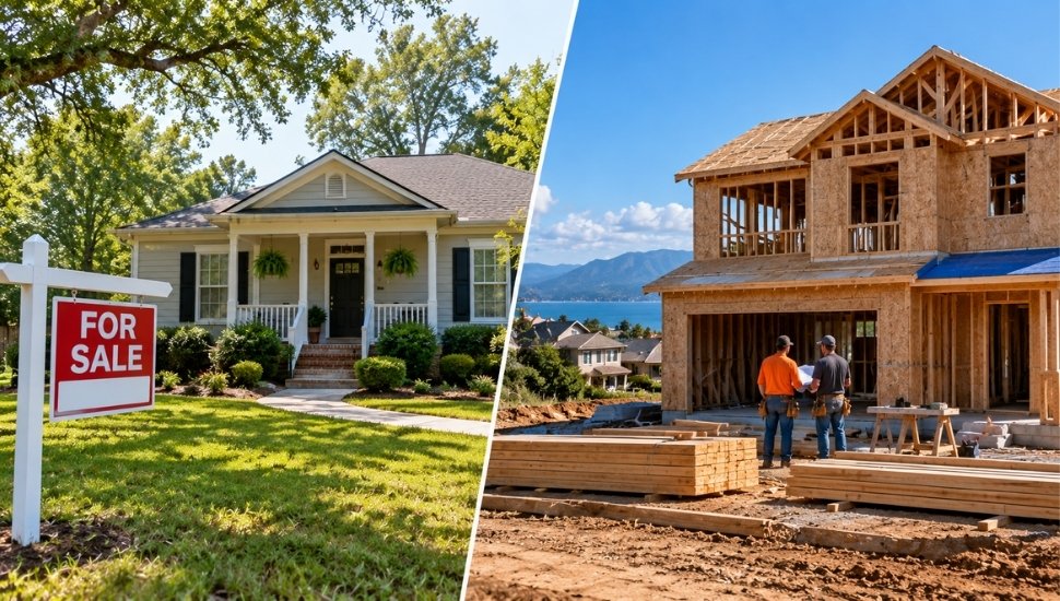 Existing home for sale compared with a new house under construction in the United States