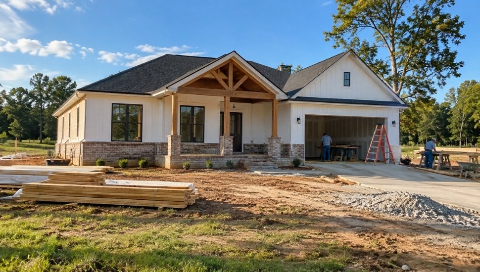 t: Affordable single-family home under construction in the Southern United States in 2026
