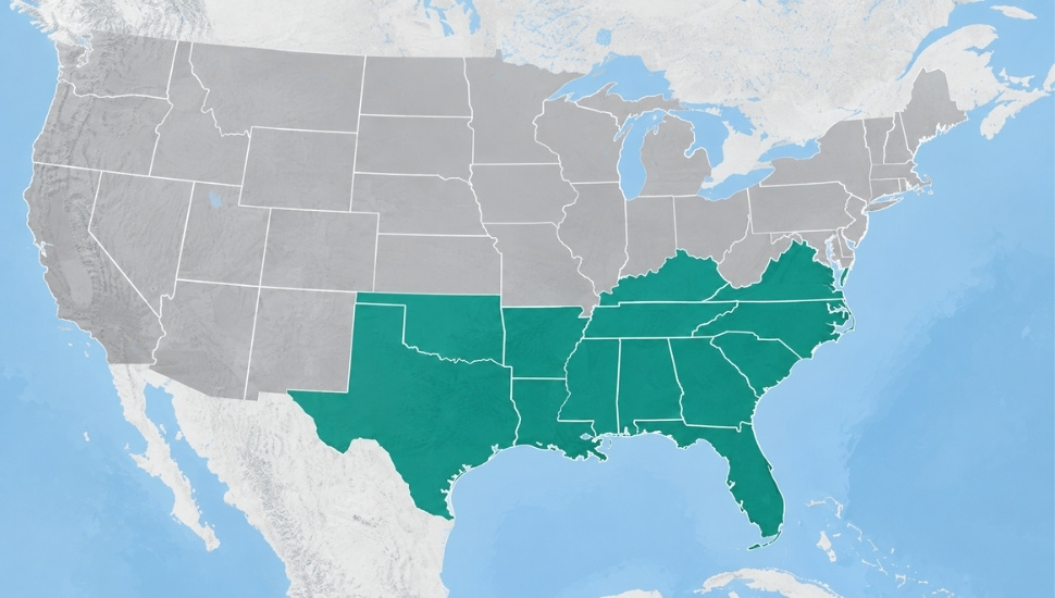 Map highlighting Southern US states with lower home construction costs